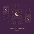 Celestial design card, Moon, Sun Rays Stars, Decorative Magic Background, Thin Line Art Vector Illustration Royalty Free Stock Photo