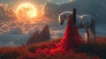 Celestial Dreamscape with Horse and Lady in Red