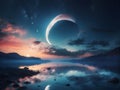 Celestial Elegance: Surreal Serenity with Crescent Moon Ascent Royalty Free Stock Photo