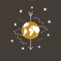 Celestial elements around a golden Earth, vector illustration