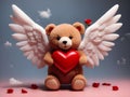 Celestial Embrace: Red Heart Teddy Bear Wings Wall Art Royalty Free Stock Photo