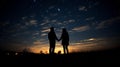 Celestial Embrace: A Silhouetted Couple Enchants the Night with Shooting Stars