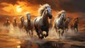 Celestial Equines - White Horses Galloping in Digital Airbrushed Desert