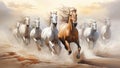 Celestial Equines - White Horses Galloping in Digital Airbrushed Desert Royalty Free Stock Photo