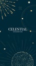 Celestial esoteric poster gold geometric symbol. Moon and sun astrology universe card template , golden planet constellation