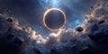 Celestial event with a ring of light surrounded by rocks and clouds in a dark blue sky scene Royalty Free Stock Photo