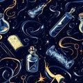 A celestial fantasy pattern with glowing magical wands, enchanted scrolls, and levitating potion bottles. Royalty Free Stock Photo