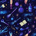 A celestial fantasy pattern with glowing magical wands, enchanted scrolls, and levitating potion bottles. Royalty Free Stock Photo