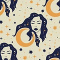 Celestial feminine magic astrology seamless pattern. Royalty Free Stock Photo