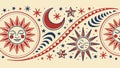 Celestial Folk Art Border with Sun, Moon & Stars, vector design Generative AI Royalty Free Stock Photo