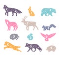 Celestial forest animals. Hand drawn silhouettes. Wild woodland animals. Universe