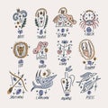 Celestial funky groovy Zodiac outline groovy cute characters constellation bundle. Sign Aries, Taurus, Gemini, Cancer Royalty Free Stock Photo