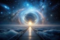 A celestial gateway wooden pathway leading to a cosmic vortex above a sea of clouds. Generative AI Royalty Free Stock Photo