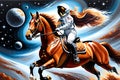 Celestial Harmony: Horse Riding an Astronaut in Acrylic on Canvas Style - Contrasting Domestic Equestrian Grace and Space