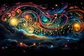 Celestial Harmony: Music Notes and Celestial Bodies Merge in a Vibrant Symphony Royalty Free Stock Photo