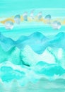 Celestial Landscape collage, golden foil and watercolor turquoise background. Celestial Mountains, moon phases Royalty Free Stock Photo