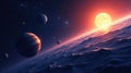A celestial landscape featuring a glowing orange star and multiple planets orbiting in a dramatic space scene. Generative AI Royalty Free Stock Photo