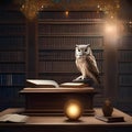 A celestial librarian, an owl-headed being, curating the knowledge of the universe in a cosmic library5