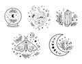 Celestial logo set. Moon phase, floral crystal, serpent, snake, moth, butterfly, crystal ball, stars occult collection.