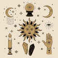 Celestial Magic gold colour illustration of icons and symbols of sun, moon, crystals, evil eye, witch hands