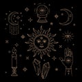 Celestial Magic outline gold illustration of icons and symbols of sun, moon, crystals, evil eye, witch hands