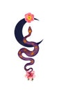 Celestial magic snake with crescent moon and flowers. Watercolor beautiful mystic bohemian illustration for mystery