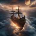 A celestial mariner, navigating a ship with sails made of cosmic clouds on the endless sea of space3