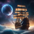 A celestial mariner, navigating a ship with sails made of cosmic nebulae through the endless sea of space3