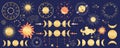 Celestial mystical astrology set with sun, moon, phases and constellations. Golden signs for astrological horoscope Royalty Free Stock Photo