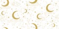 Celestial mystical moon seamless pattern, golden stars and crescent on white background, boho ornament for tarot