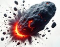 Celestial object explodes in space. Red lava bursts out from large asteroid. Cosmic event with fragments scattering outwards. Royalty Free Stock Photo