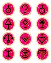 Celestial objects. Astrological symbols. Planet signs in round shape. Pink gradient sticker set of 12. Astronomy logo design.