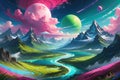 Celestial Odyssey: Swirling Clouds Envelope a Fantastical Planet, Vibrant Landscapes Stretching Across Its Vast Curvature Royalty Free Stock Photo