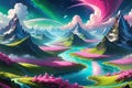 Celestial Odyssey: Swirling Clouds Envelope a Fantastical Planet, Vibrant Landscapes Stretching Across Its Vast Curvature