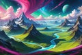 Celestial Odyssey: Swirling Clouds Envelope a Fantastical Planet, Vibrant Landscapes Stretching Across Its Vast Curvature