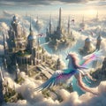 Celestial Odyssey: Unicorn Glides Above AI Crafted Fantasy City in Cloud Realms