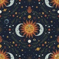 Celestial Pattern with Sun, Moon, Stars and Mystical Symbols Royalty Free Stock Photo