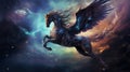 Celestial Pegasus takes flight beneath a galaxy\'s embrace