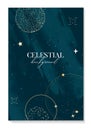 Celestial poster Moon contellation gold planet dark sky spiritual astrology banner. Cosmos universe vintage design