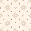 Celestial print, sun vector pattern, golden background with stars, seamless repeat Royalty Free Stock Photo