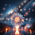 Fireworks Illuminate the Night Sky Against a Blissfully Blurred Milky Way Background. Generative ai for illustrations