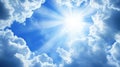 Celestial Radiance Sunlight Bursting Through Fluffy White Clouds in a Blue Sky Royalty Free Stock Photo