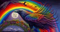 Celestial rainbow raven, vision, protector, spirit, tribal style, psychedelic imaginary creature, AI Generative banner