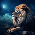 Celestial Reverie: Majestic Male Lion Contemplating Moon and Starry Sky