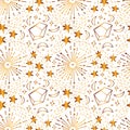 Celestial seamless pattern. Diverse pattern with golden texture of shining stars and crystals surrounded by cosmic dust. Vector