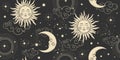 Celestial seamless pattern with sun and moon face, clouds and stars on the black night sky. Pattern for tarot, astrology Royalty Free Stock Photo