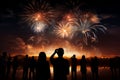 Celestial show Peoples silhouettes admire fireworks, a dazzling night display