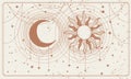 Celestial space background with sun and mysterious moon, banner for astrology, zodiac, tarot landing page. Hand drawn by Royalty Free Stock Photo