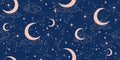 Celestial star seamless pattern with moon and constellation, boho background for taro, astrology, zodiac signs, cosmic