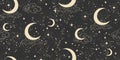 Celestial star seamless pattern with moon and constellation, boho background for tarot, astrology, zodiac signs on black